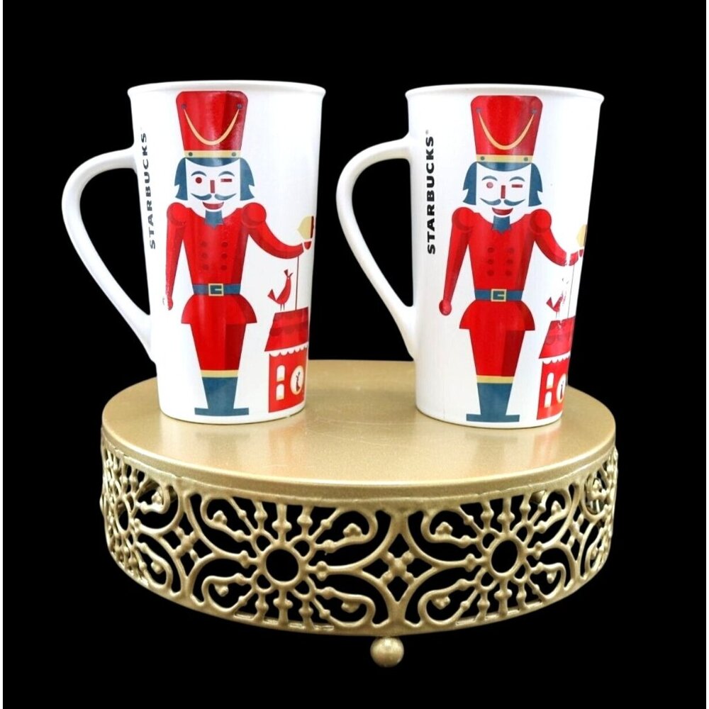 Starbucks Nutcracker Ceramic Holiday Mugs Set Of 2 12oz White & Red Christmas Co